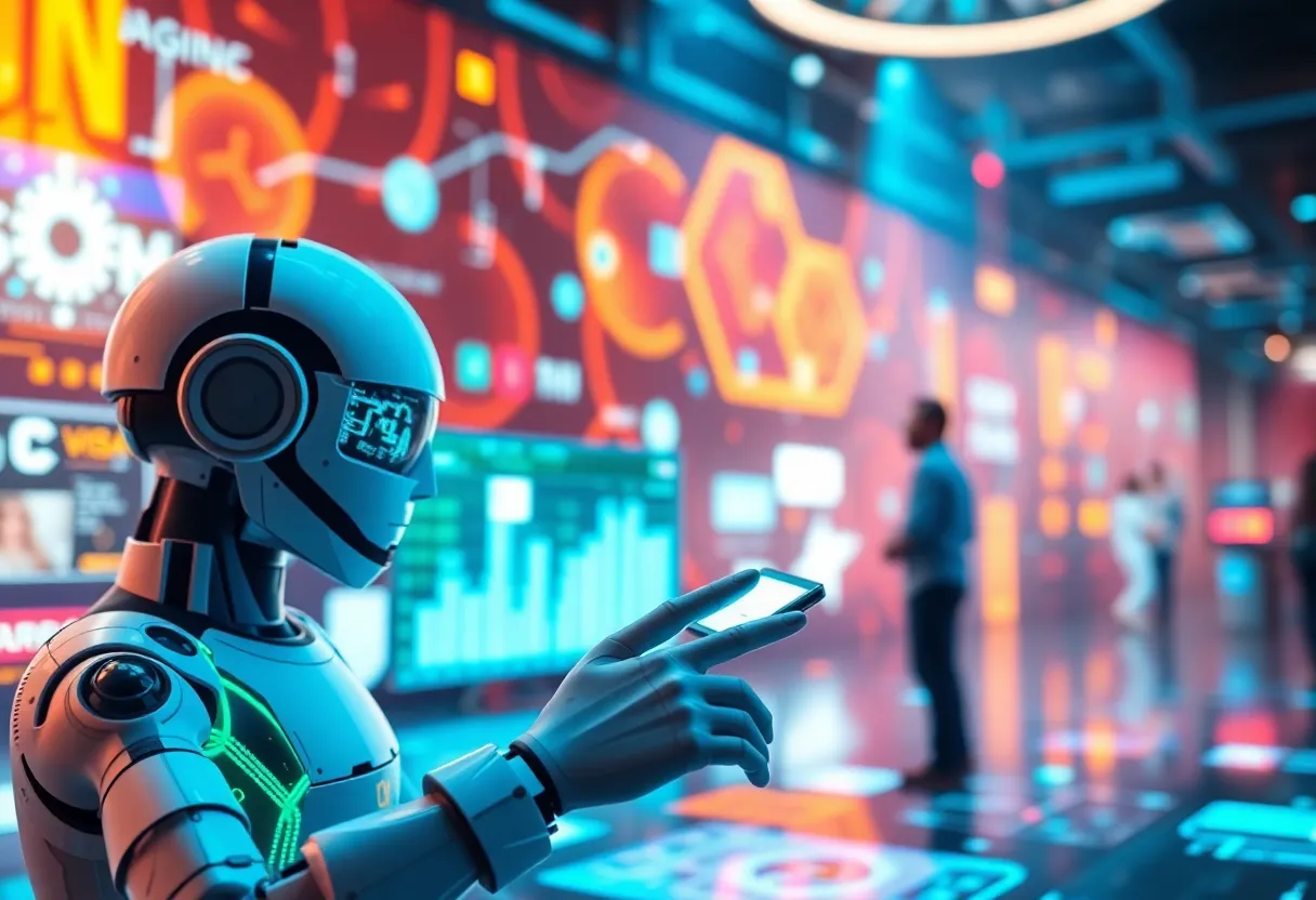 A collage of digital marketing trends for 2025 including AI and visual search.