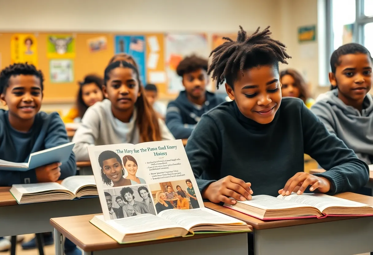 Students in a diverse classroom engaged in learning about race and history.