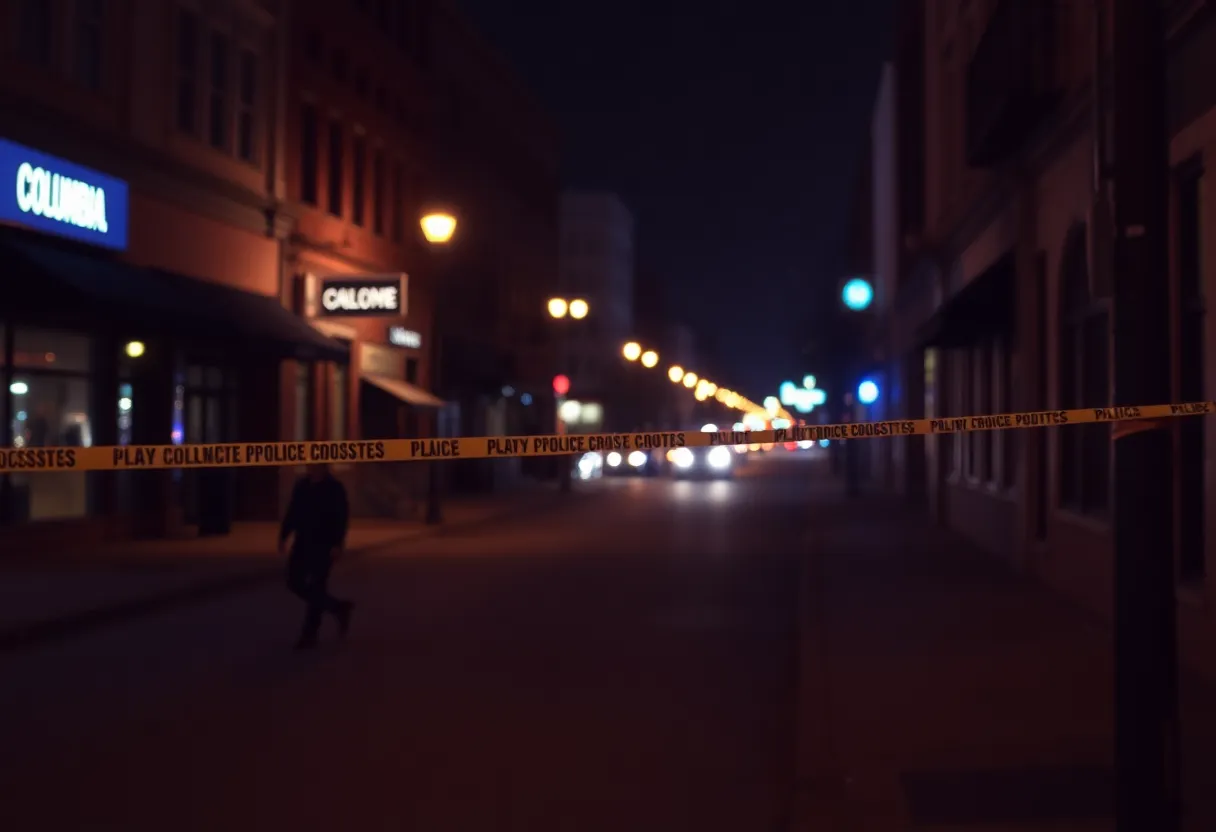 Police investigation at night in downtown Columbia, SC