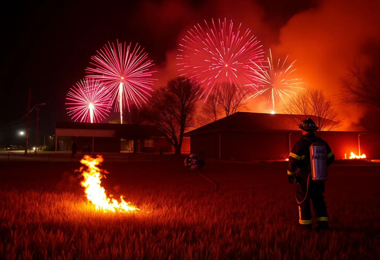 Firefighters combat a grass fire near a school on New Year's Eve