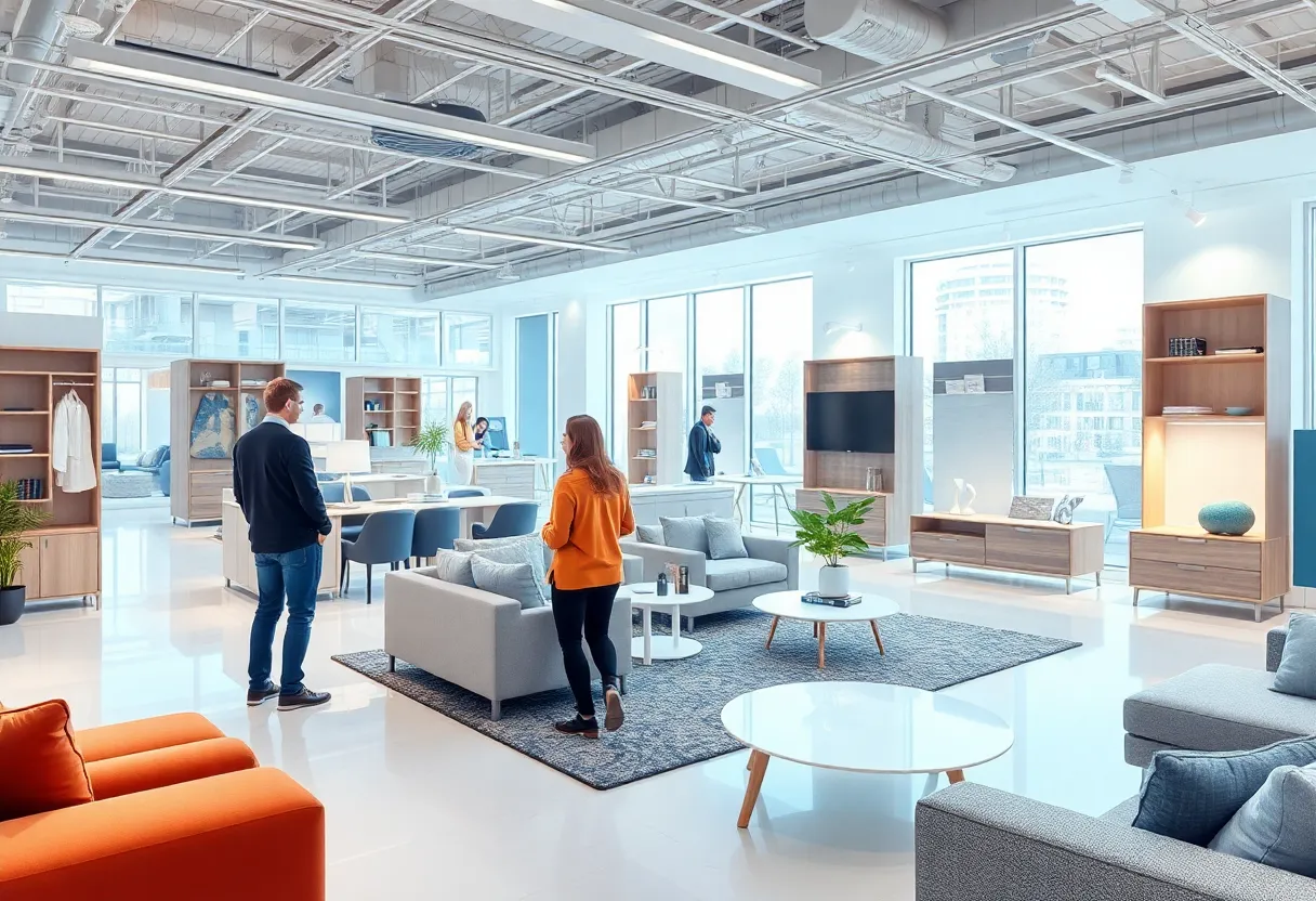 A modern furniture showroom showcasing 3D visualization technology.