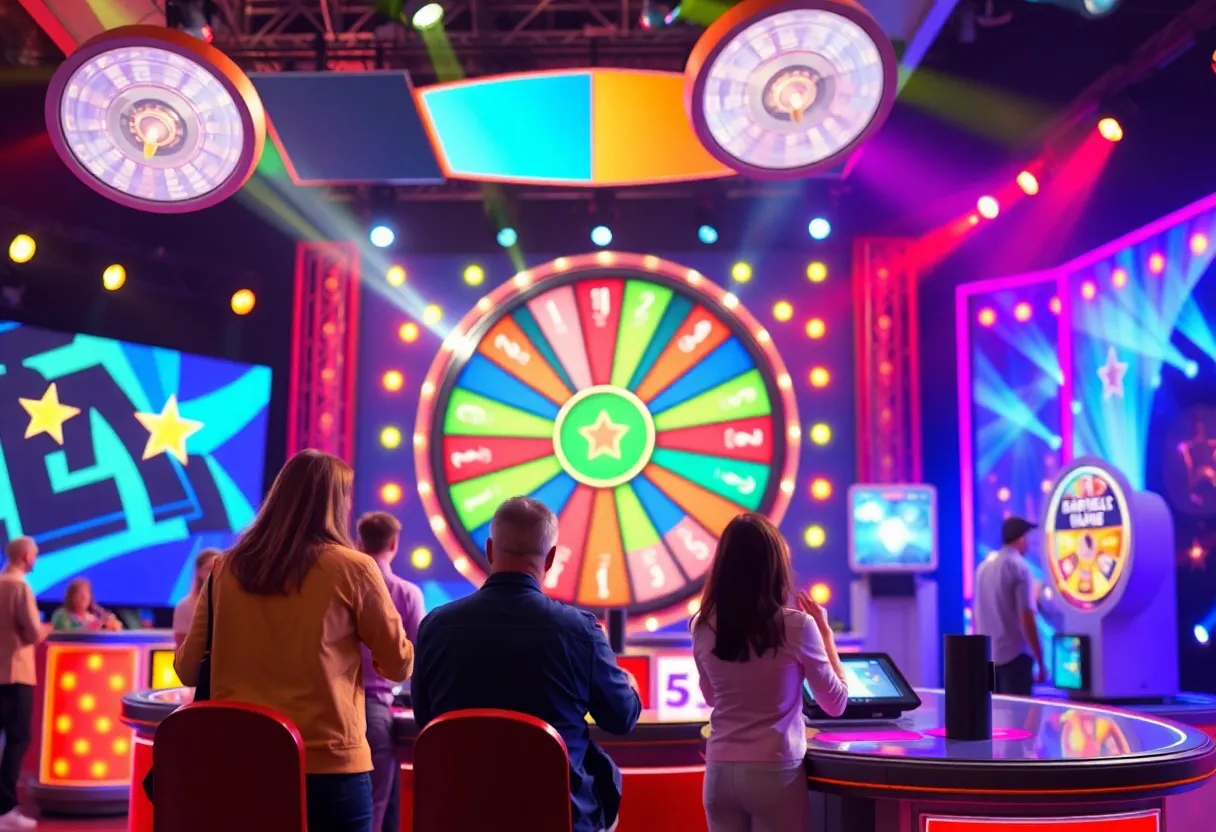 Interactive game show setup in Columbia, featuring contestants and a spinning wheel.