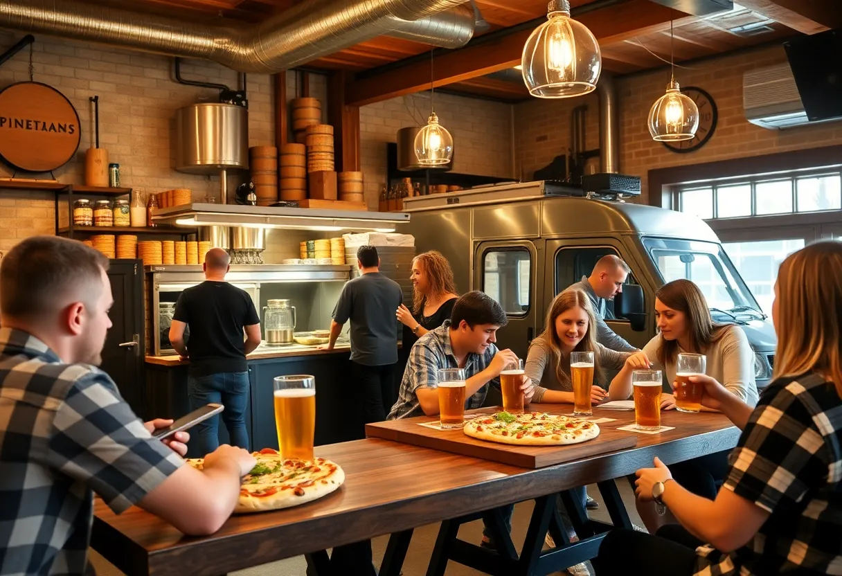 Outdoor seating area at Hazelwood Brewing with food truck kitchen