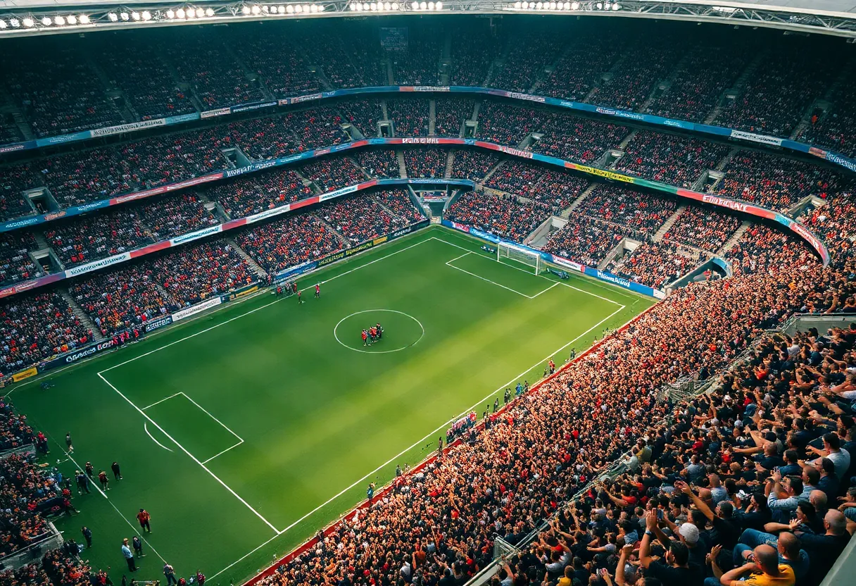 Aerial view of a crowded Williams-Brice Stadium during a soccer match between Liverpool and Manchester United.