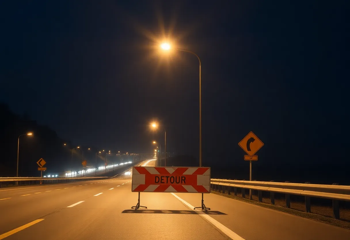 Road closure sign on I-26 with detour directions