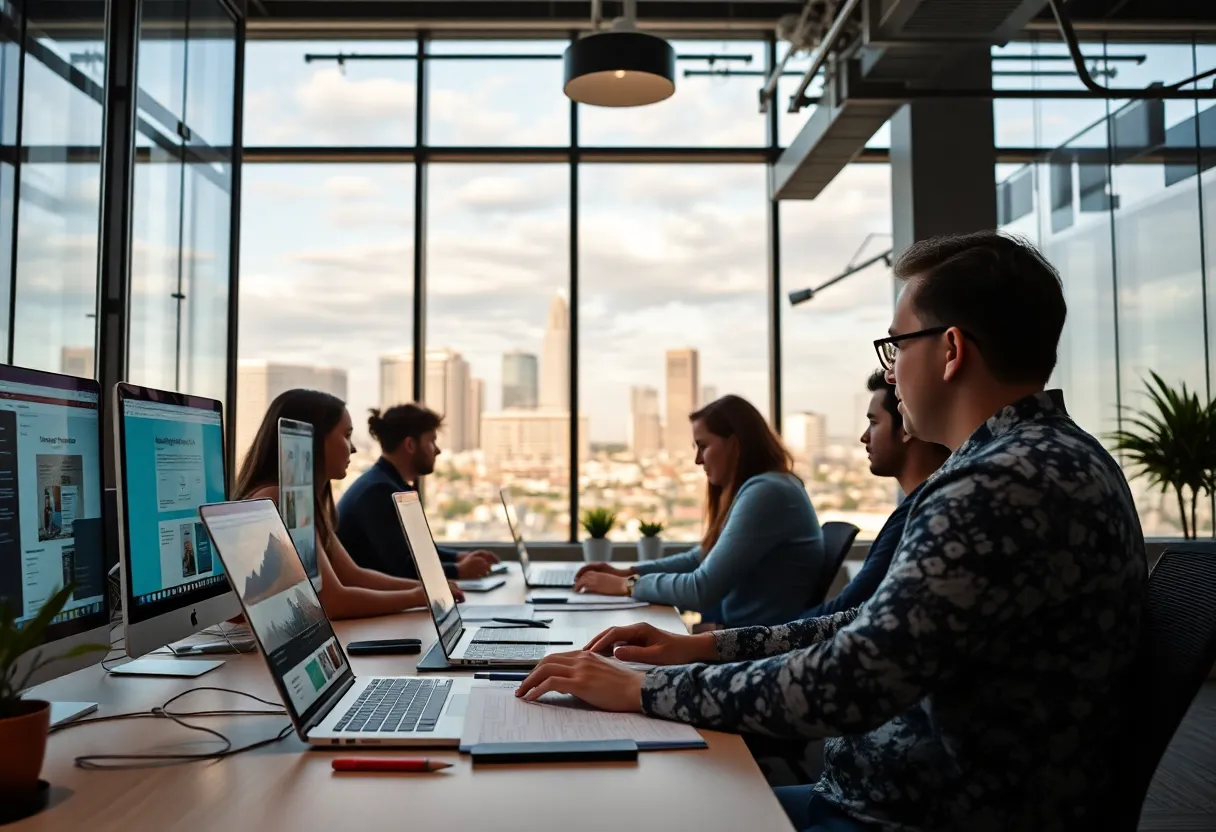 Team of digital marketers at JCE SEO Web Design working on a project with San Antonio skyline in the background.