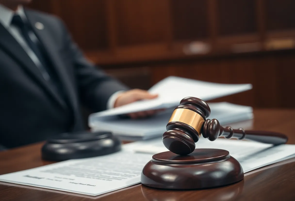 Courtroom scene with gavel and legal documents