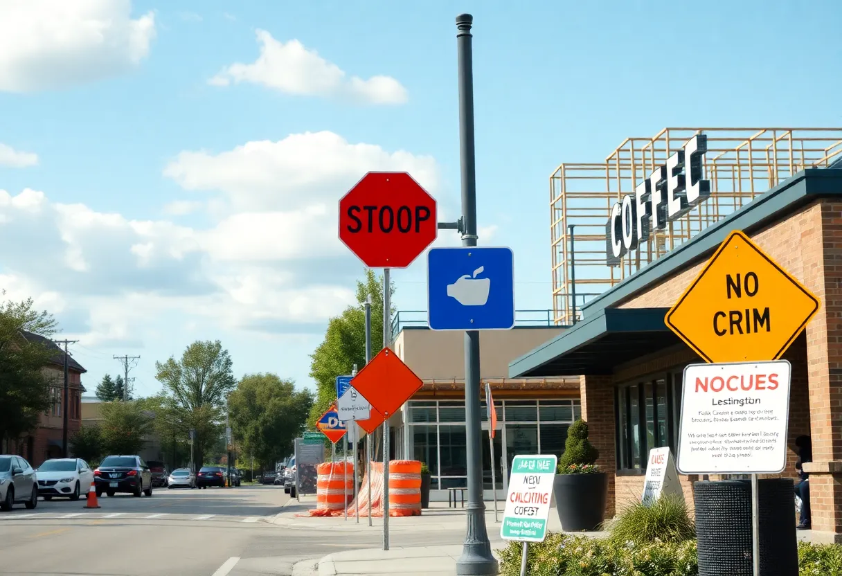 Construction on Columbia Avenue in Lexington with a coffee shop in view