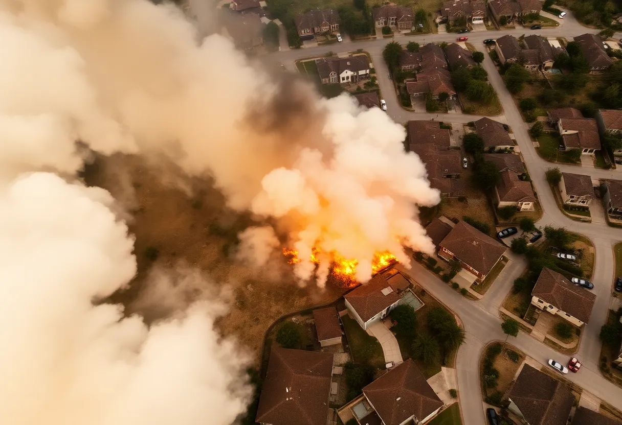 Aerial view of Los Angeles highlighting homes affected by wildfires and firefighters