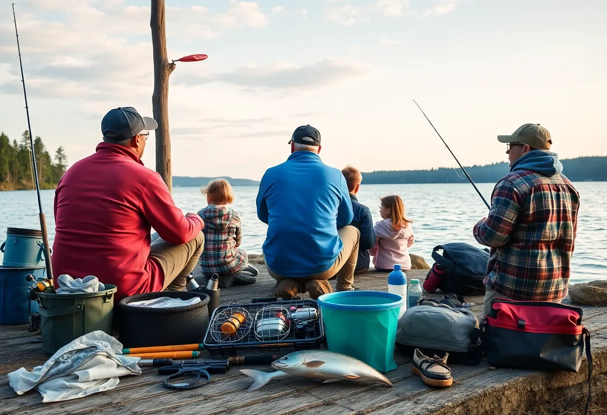 A beautiful lakeside scene with family and fishing equipment in honor of Marshall West