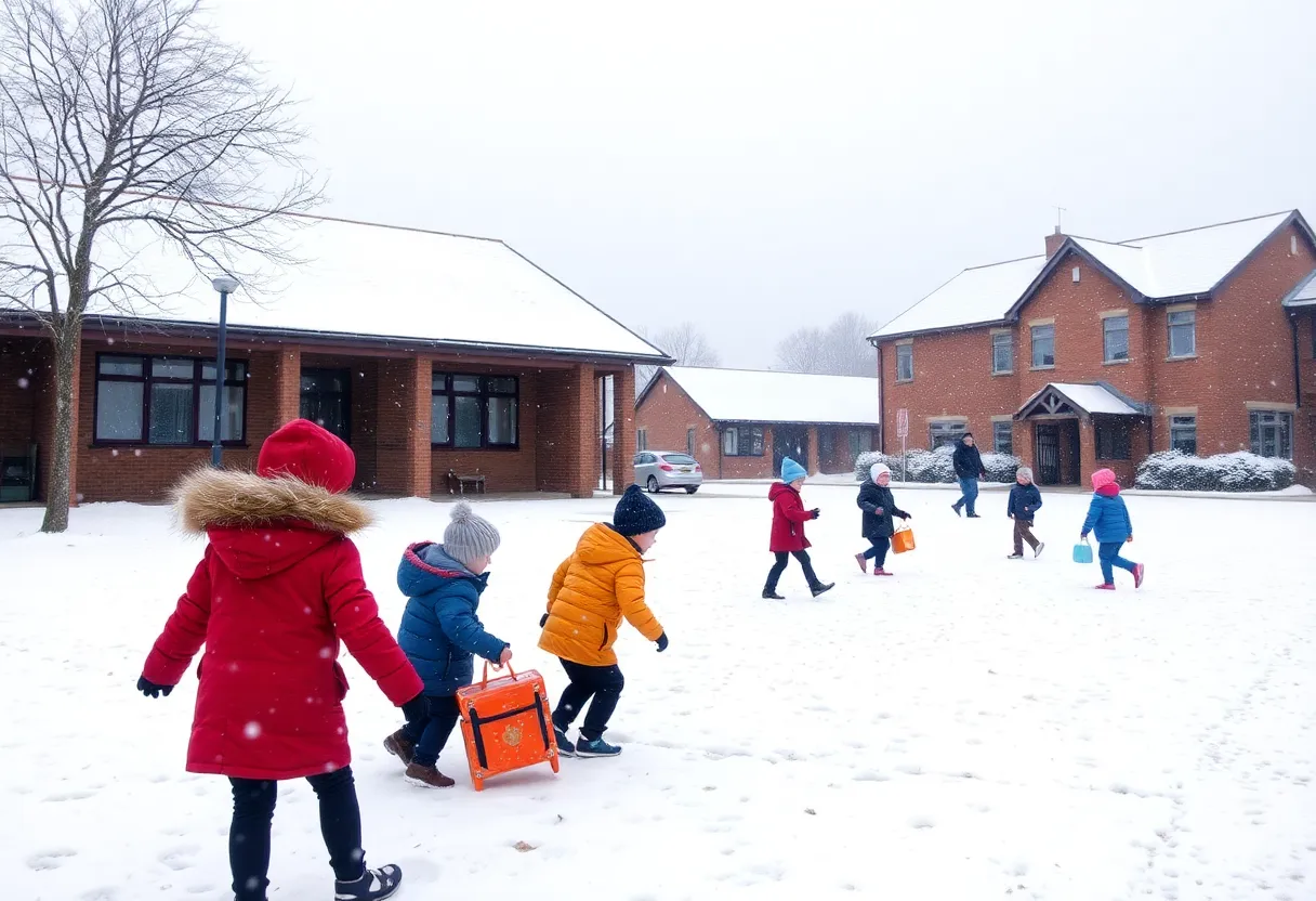 Snowy landscape of schools in the Midlands during a snowstorm