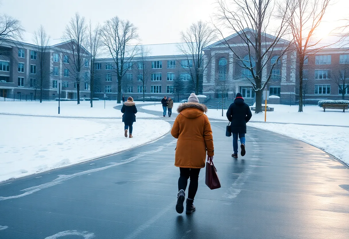 Snow-covered campus of a Midlands university with students walking
