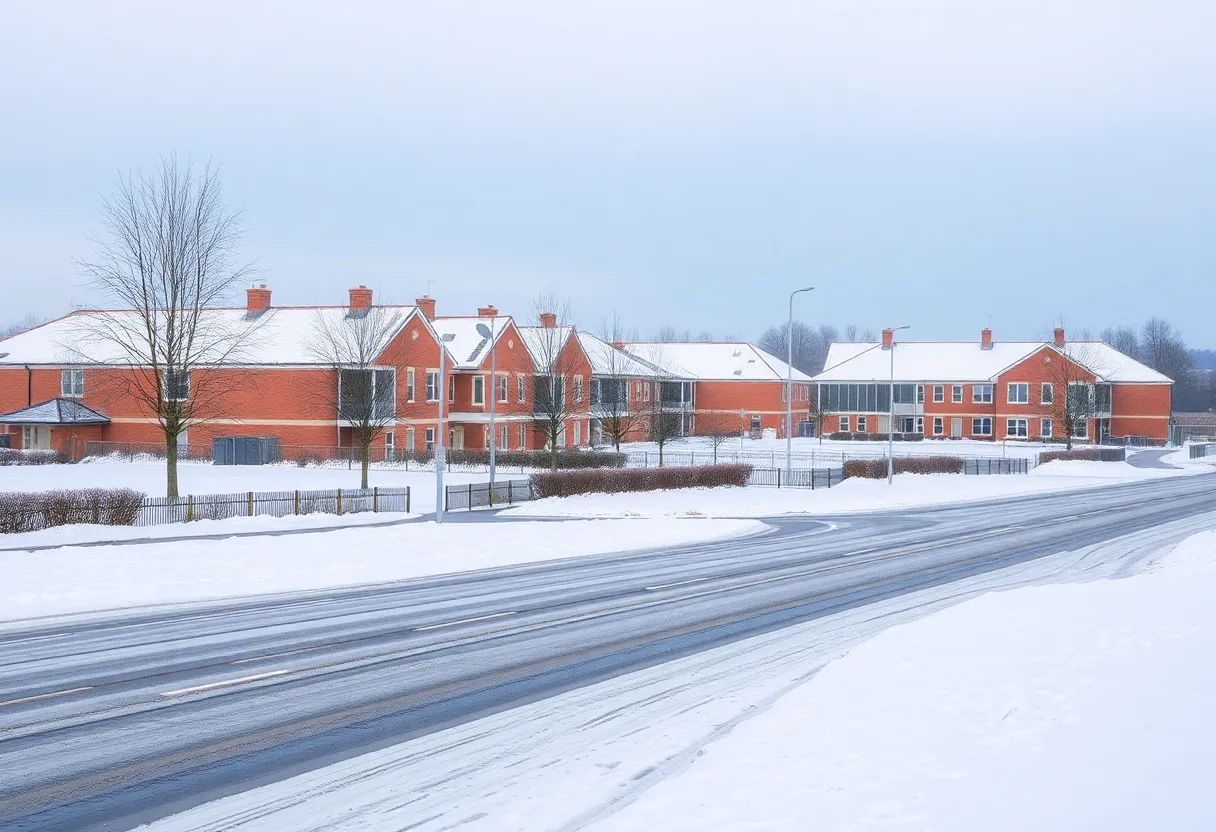 School buildings in snow during early winter weather dismissals