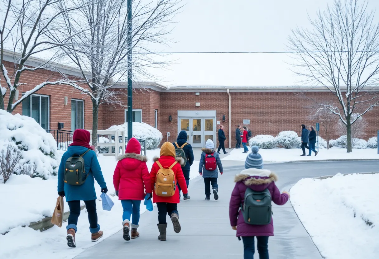 Snow covered school building with students leaving early due to winter weather