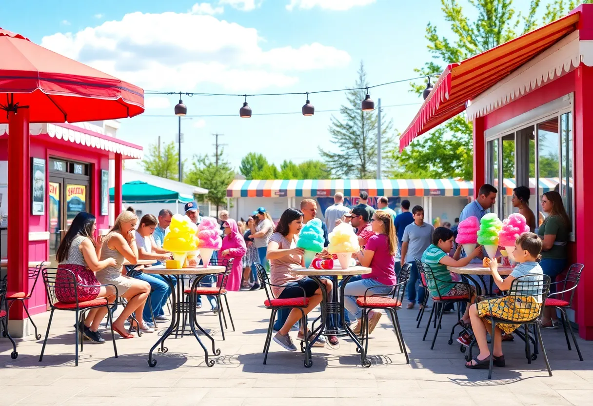 Families enjoying snow cones at Pelican's SnoBalls outdoor seating in Anderson.