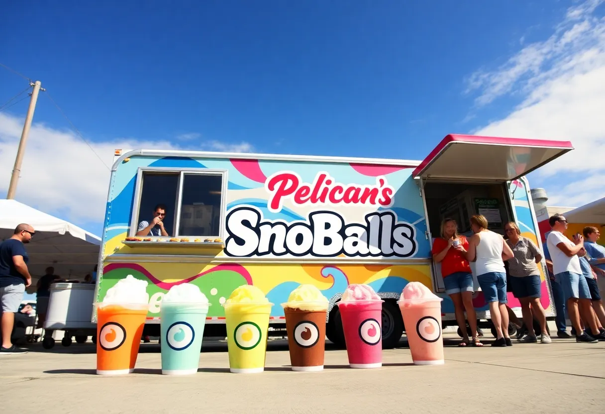Colorful Pelican's SnoBalls trailer with ice flavor cups
