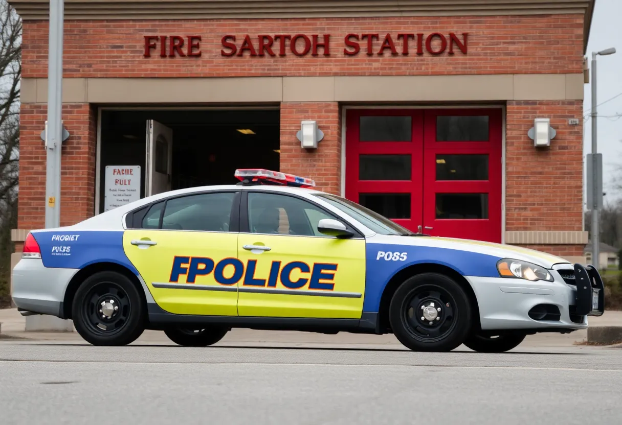 Police car outside a fire department building.