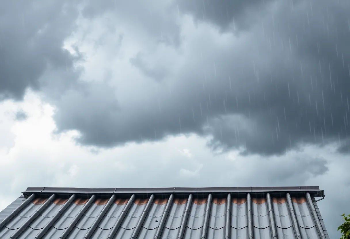 Resilient rooftop standing strong in heavy rain and stormy skies