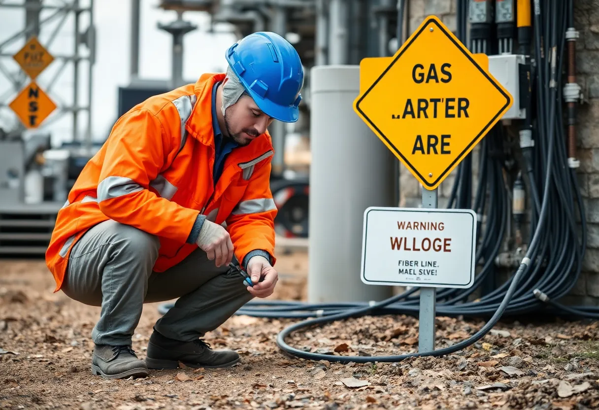Telecommunications worker inspecting fiber optic site with gas line warnings
