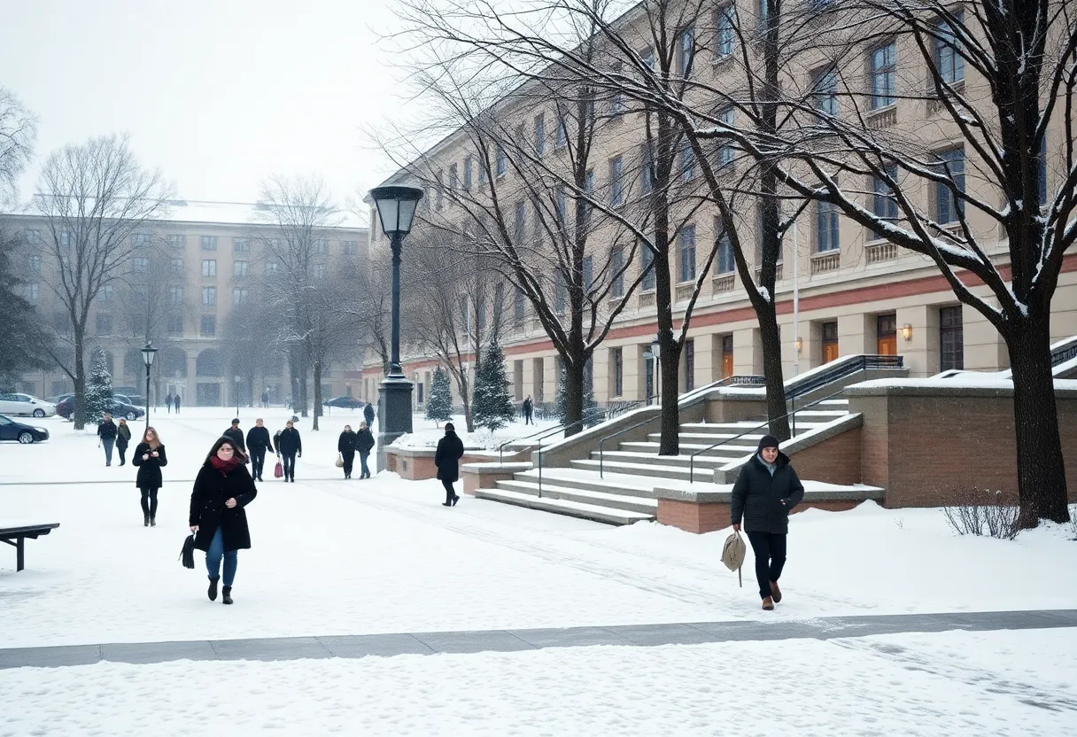 Students walking on a snowy university campus