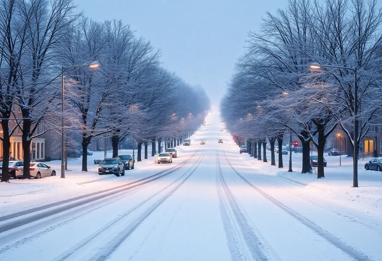Winter landscape in Columbia with snow-covered trees and icy roads.