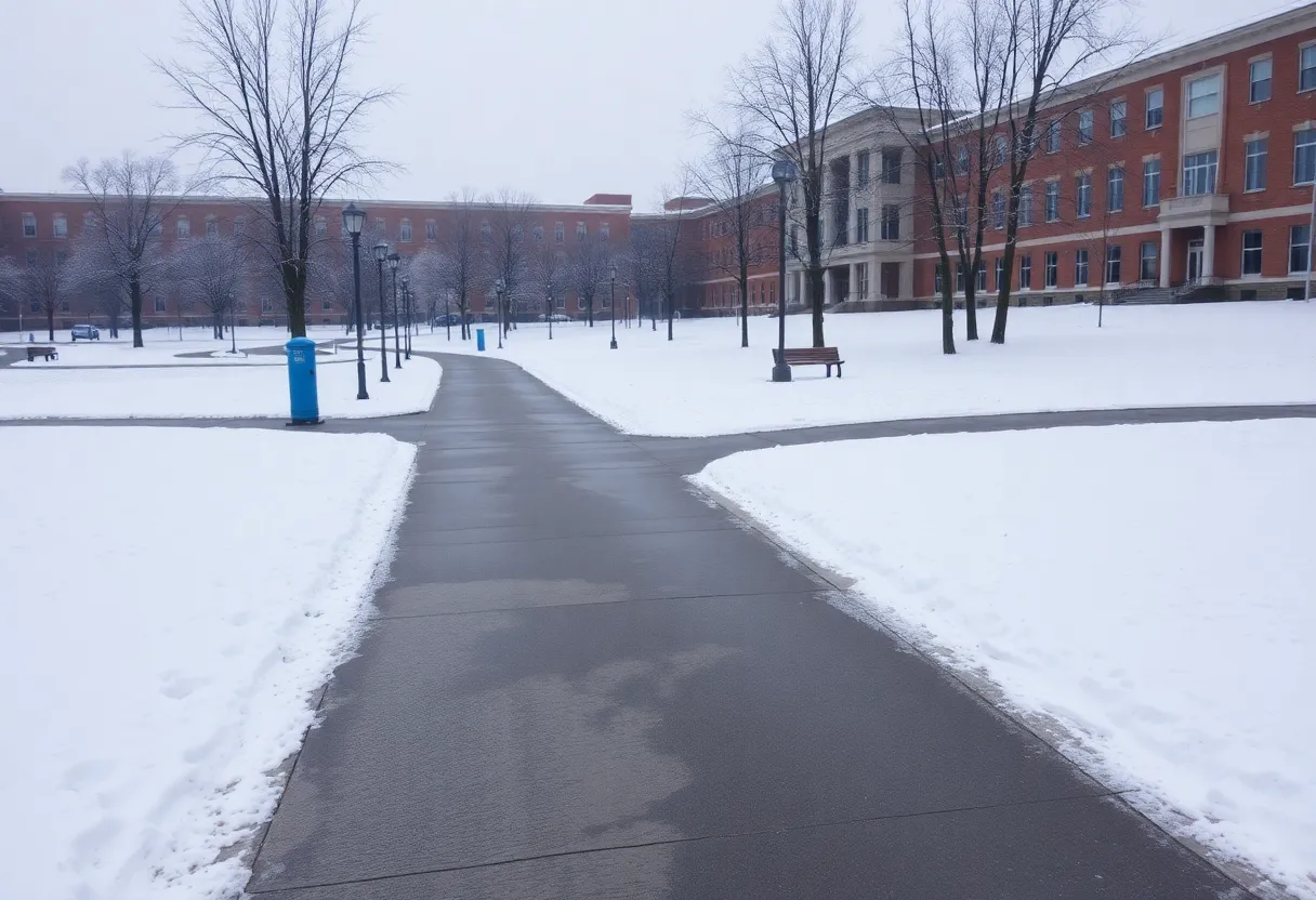 Snow-covered university campus during winter weather