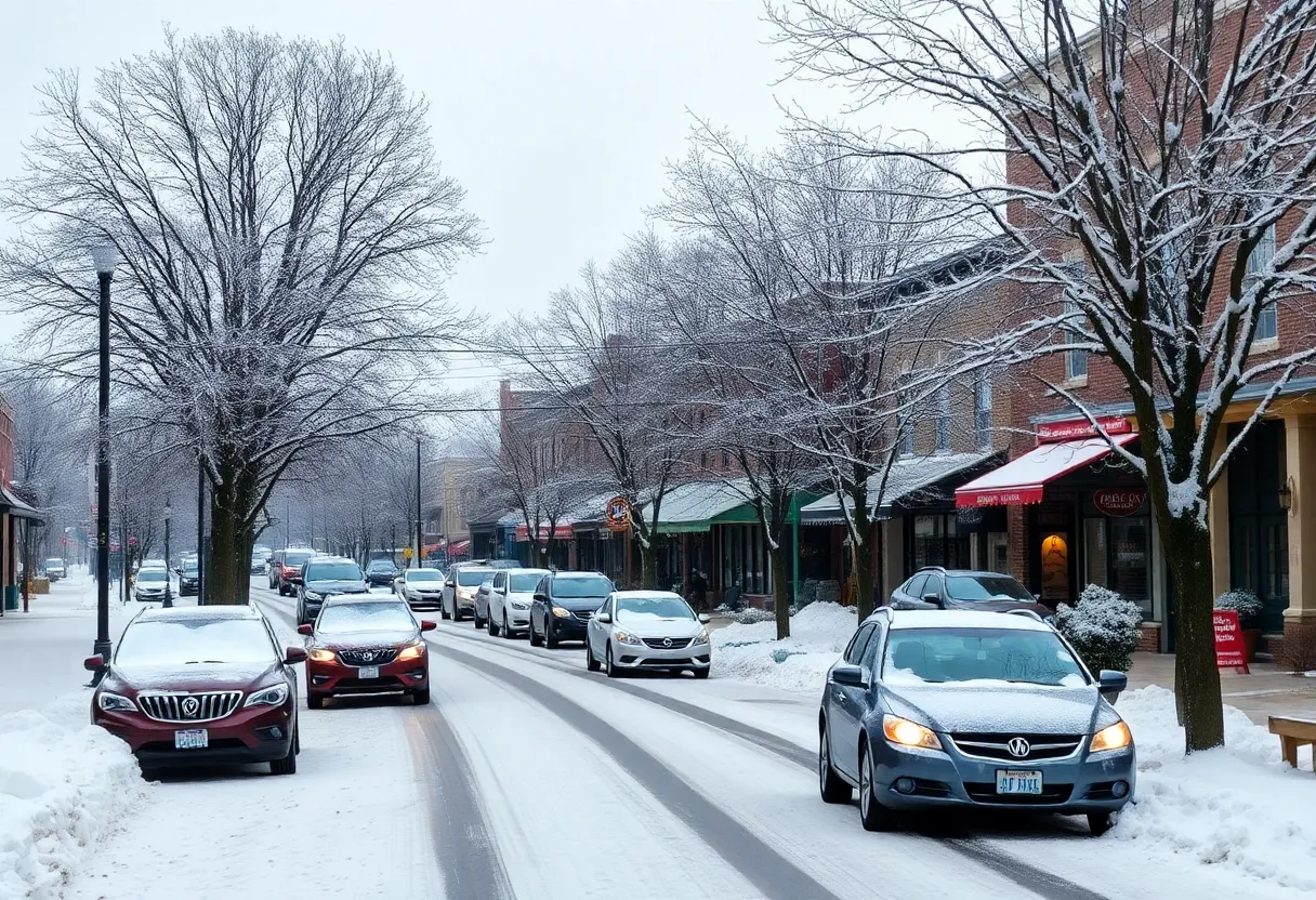 Winter landscape in Lexington and Columbia with snow covering the ground and trees.