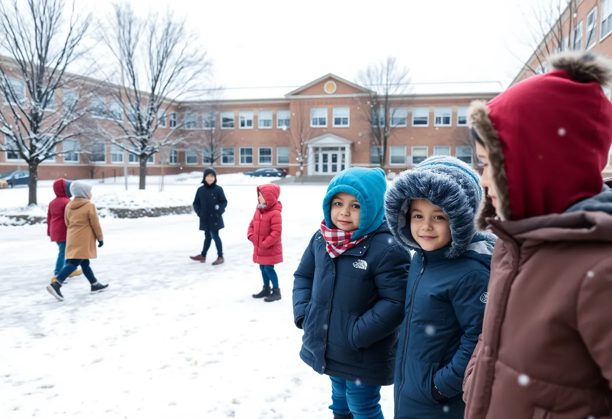 Snow-covered schoolyard with students in winter clothing