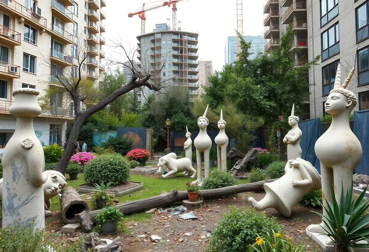 Damaged sculptures and fallen trees in an artist garden