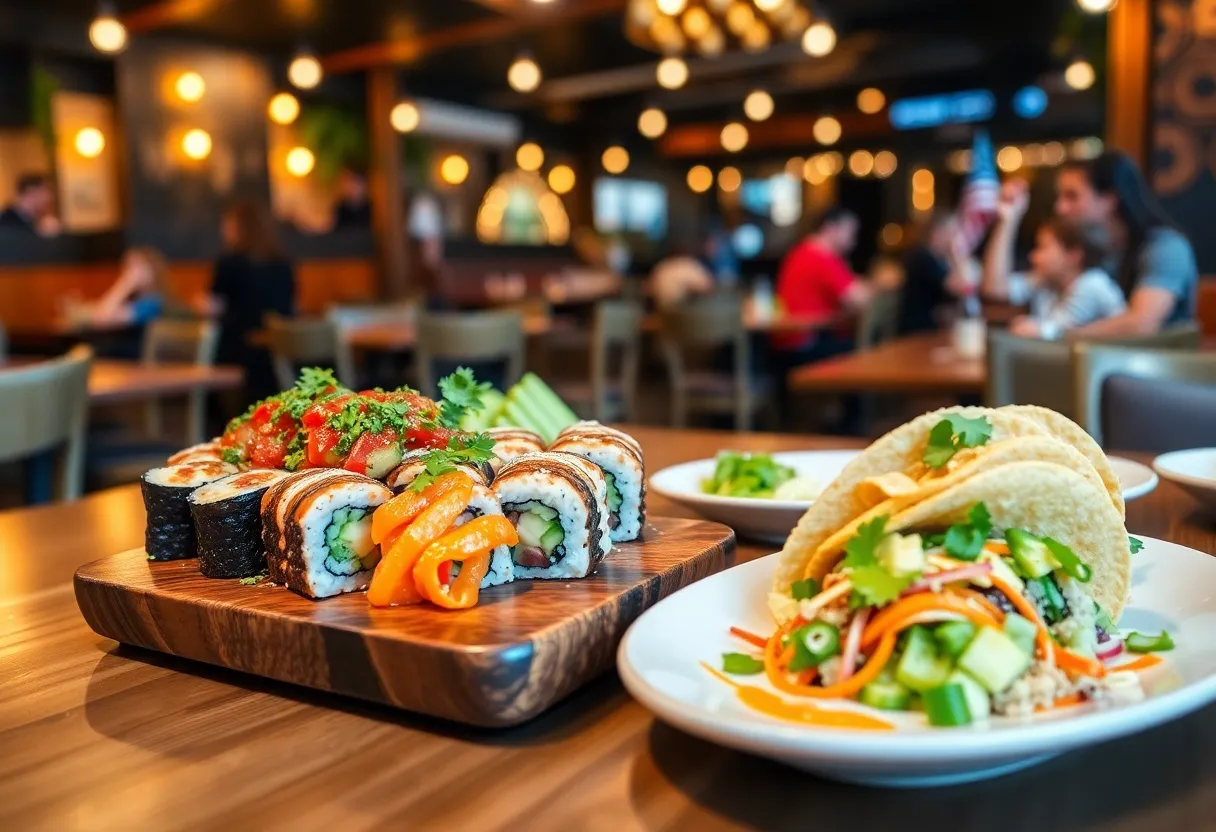 Colorful sushi rolls and tacos served at TakoSushi restaurant