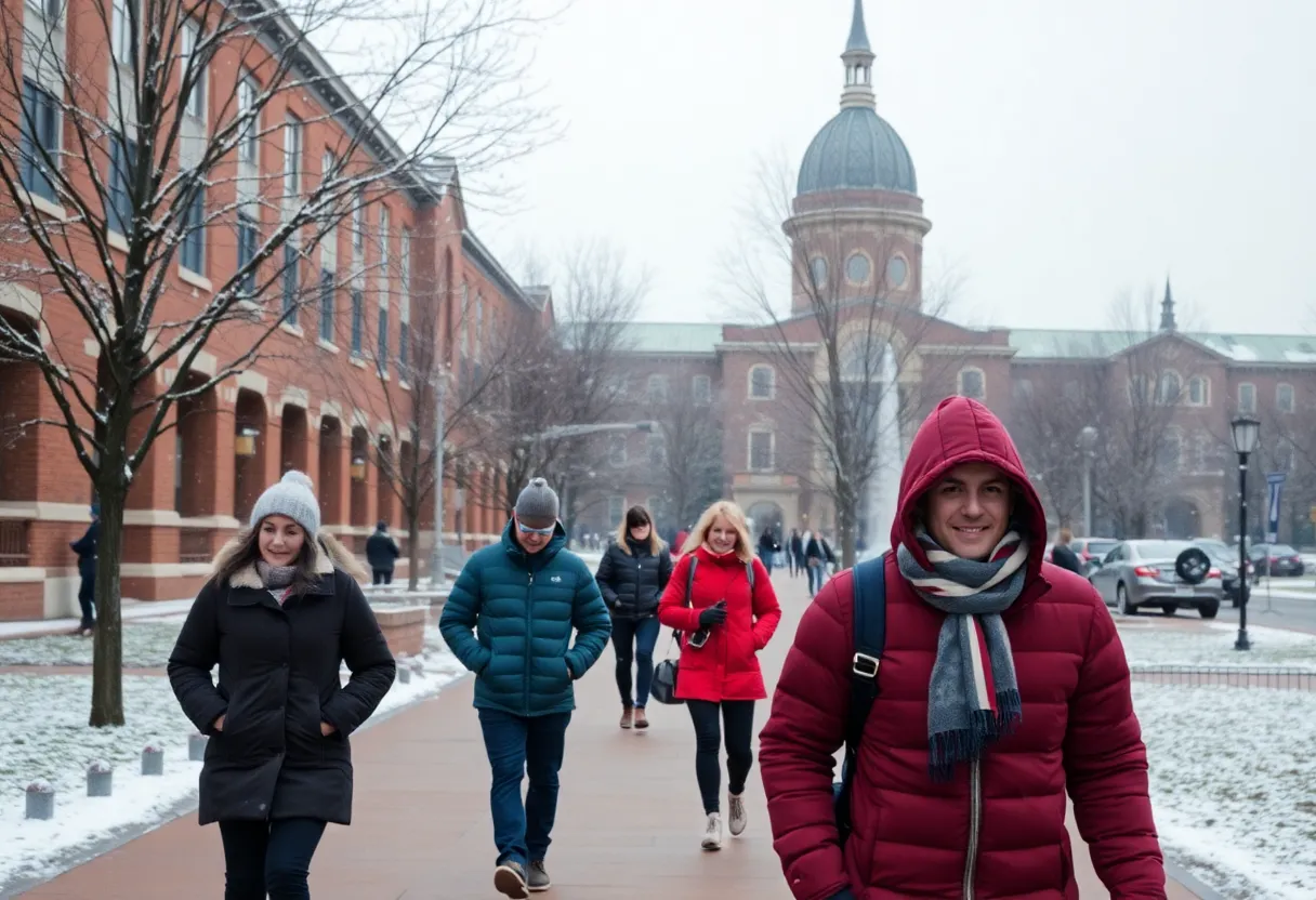 A snowy campus scene at the University of South Carolina during winter weather