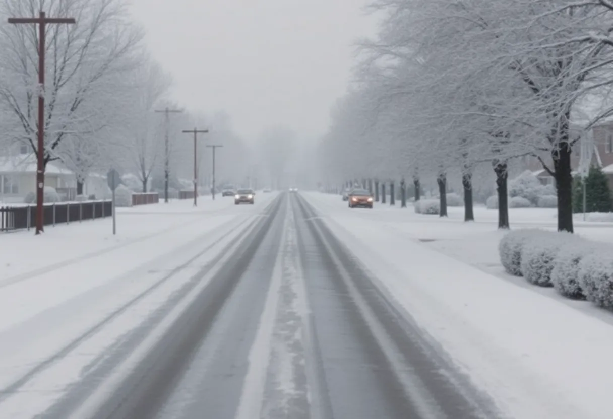 Icy roads and frosted trees during winter storm