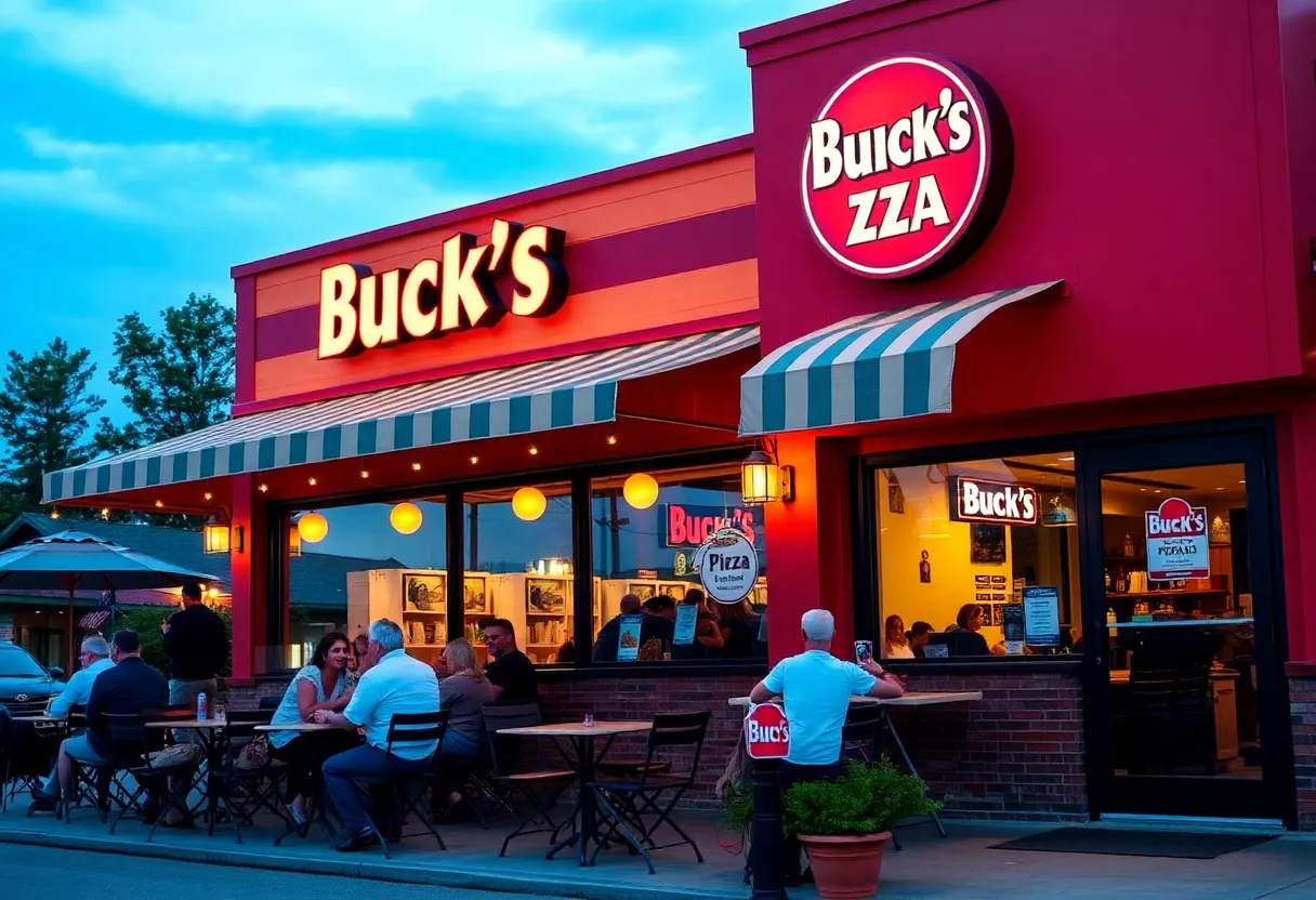 Buck's Pizza restaurant at Lake Murray with patio diners