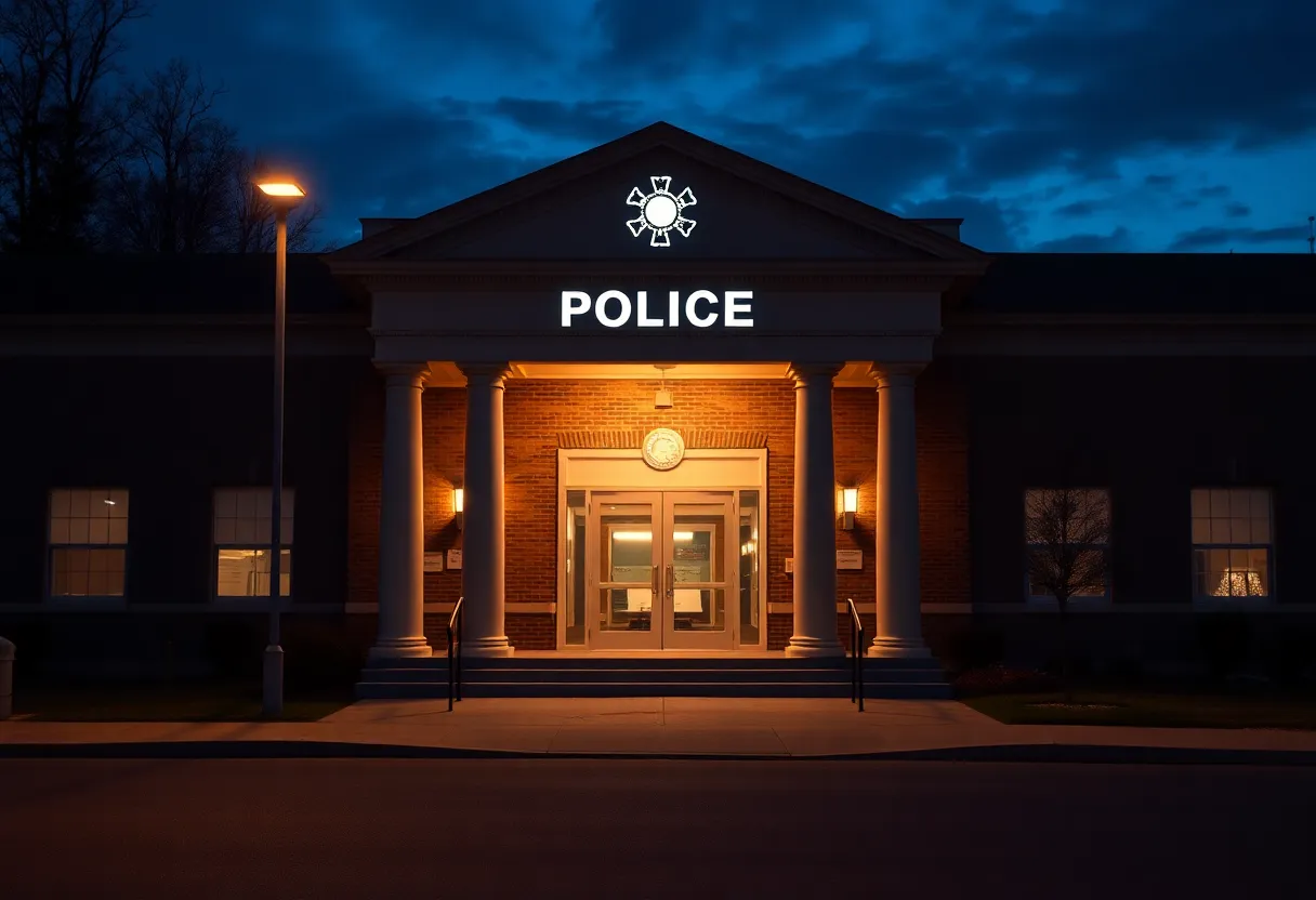 The exterior of the Cayce Police Department illuminated at night.