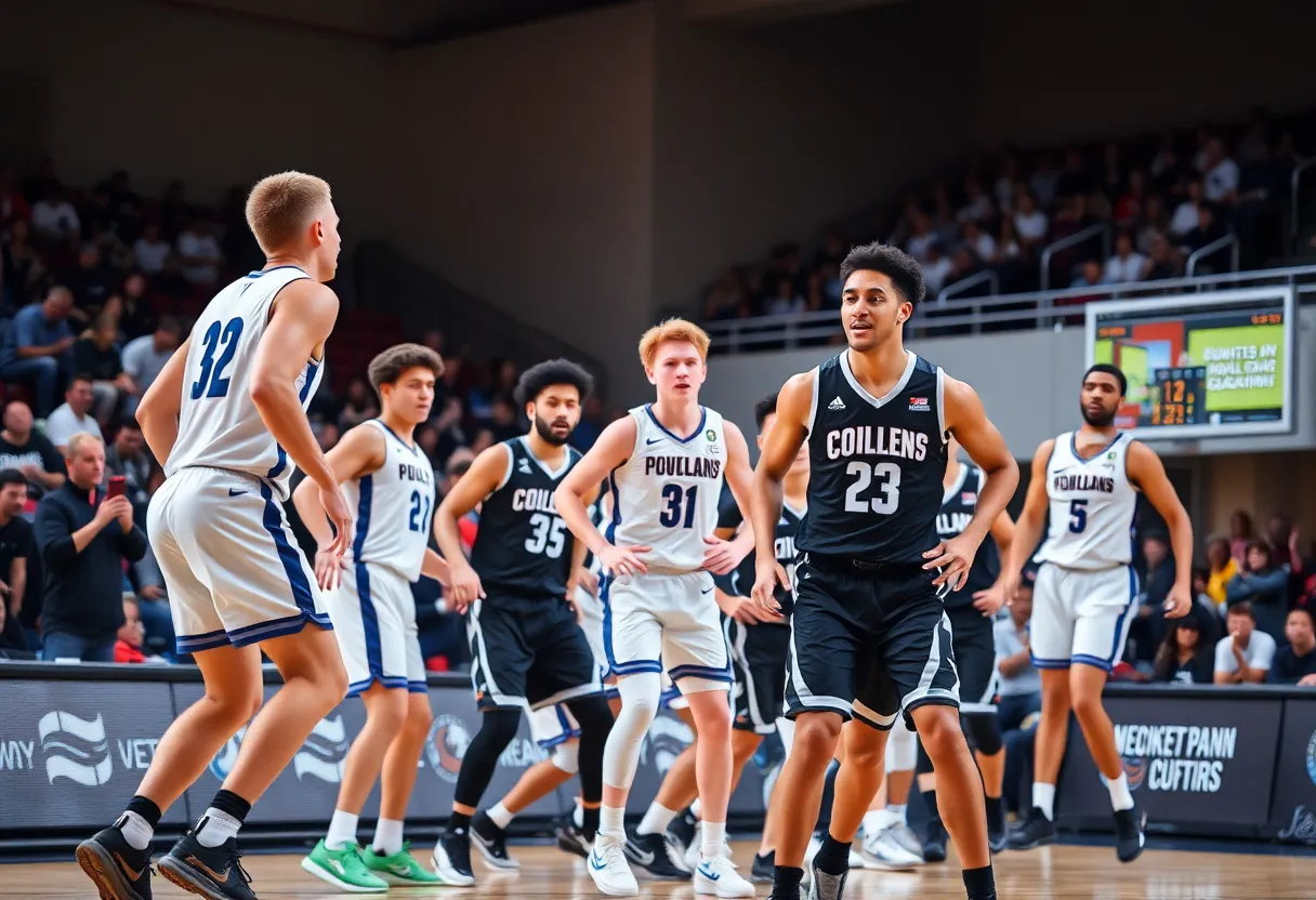 Basketball players from Charleston Southern University in action during a game.