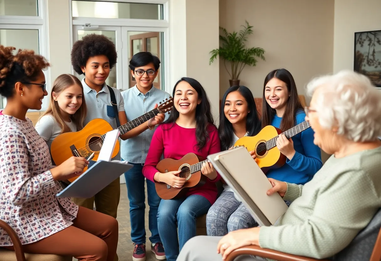 High school students performing for seniors at a nursing home.