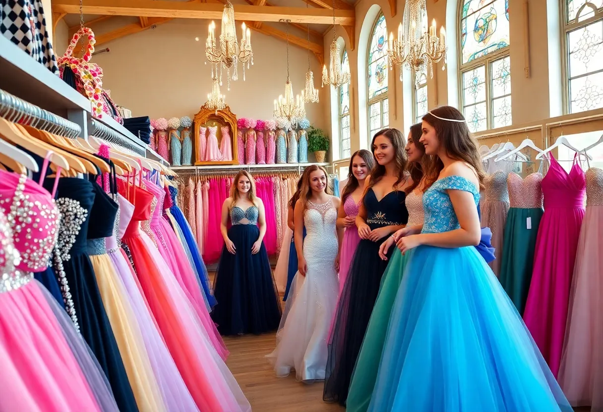 Teens browsing prom dresses at the Cinderella Project boutique event