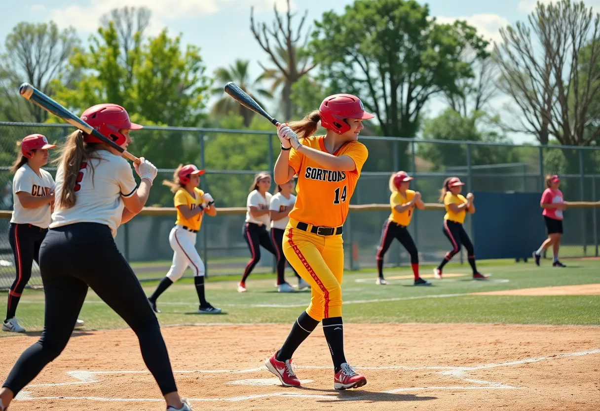 College softball team practicing on the field with players in action.