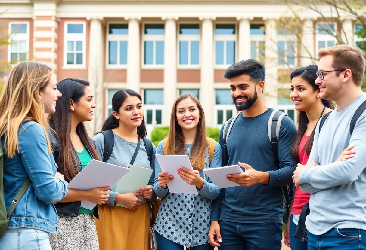 Group of college students conversing about tuition policies on campus