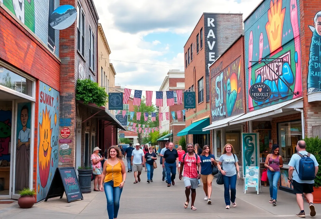 Vibrant street scene in Columbia with art murals and shopfronts