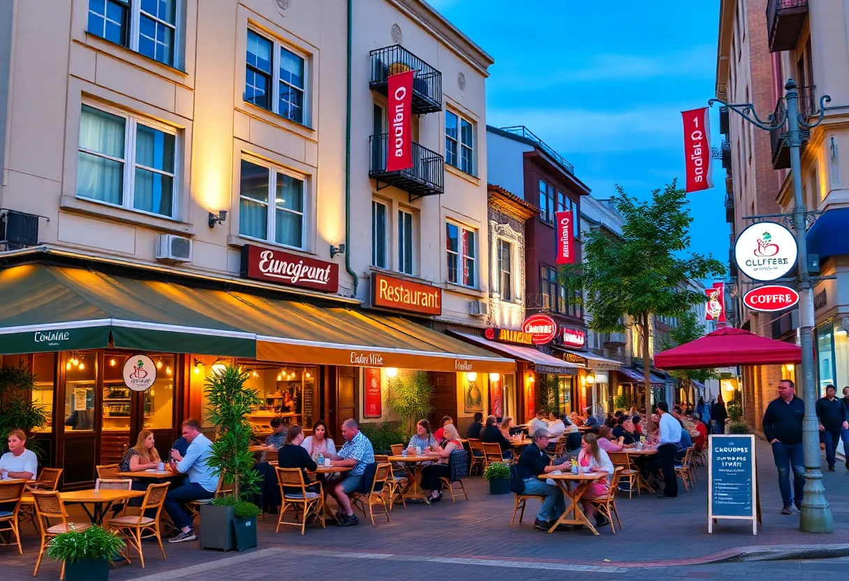 A busy street in Columbia filled with outdoor dining options and new restaurants.