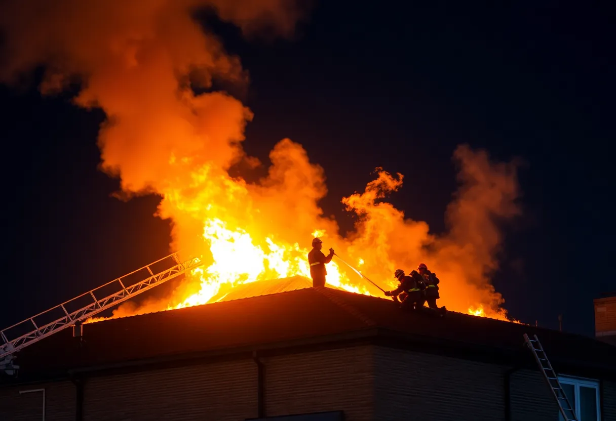 Firefighters extinguishing flames on a commercial rooftop in Columbia