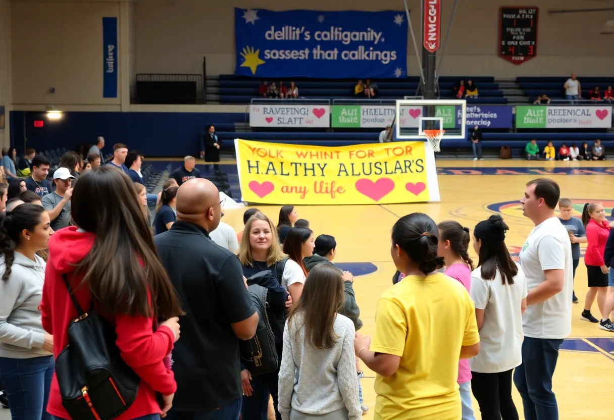 Staff engaging with students at a basketball game promoting healthy relationships