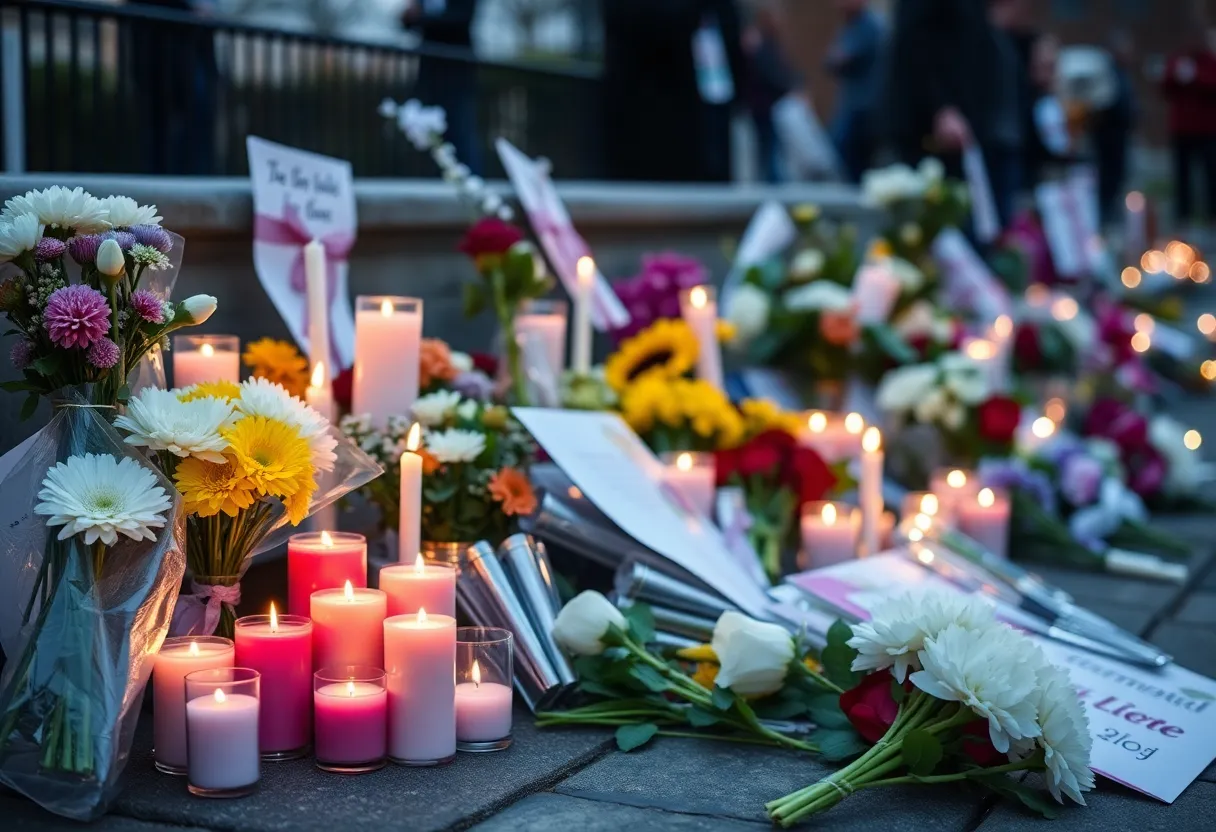 Memorial setup for child involving candles and flowers