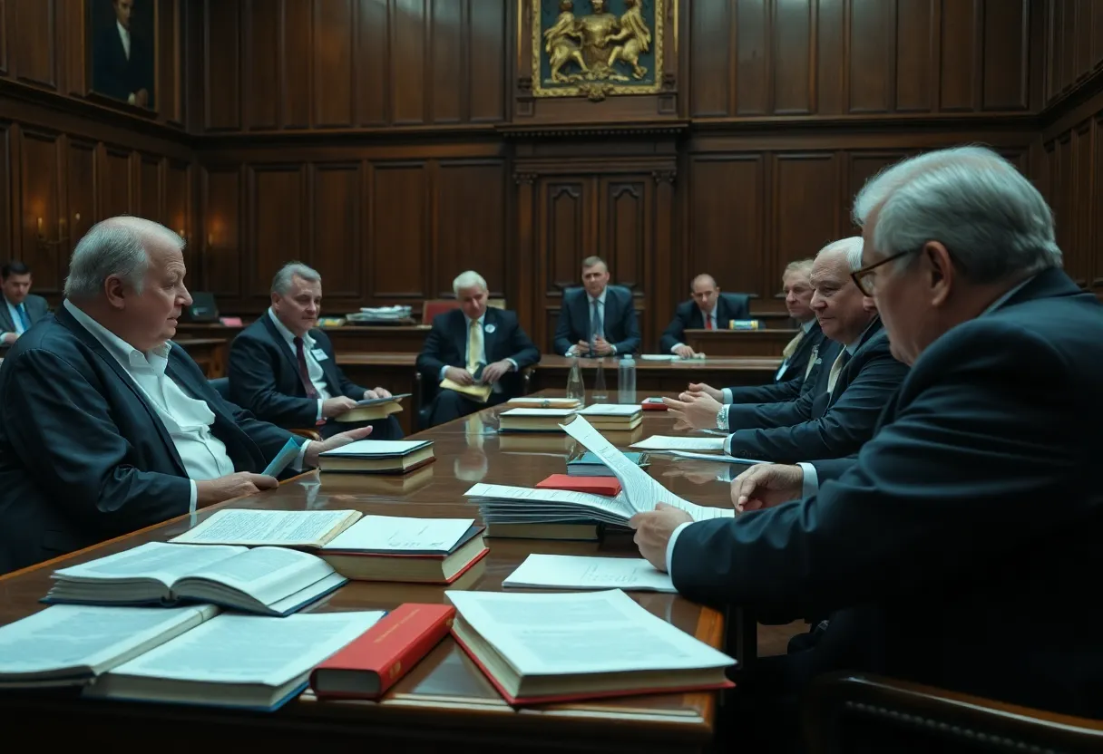 Courtroom scene during a defamation case hearing