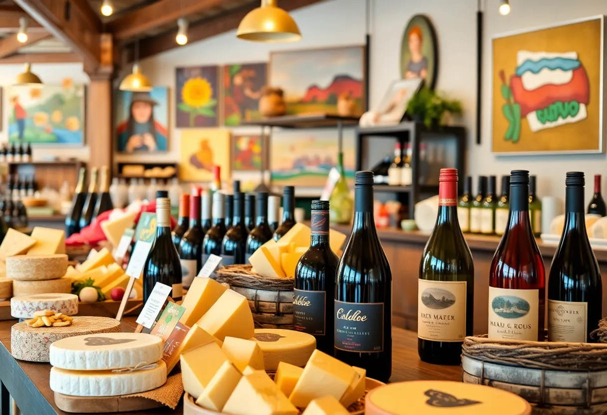 Interior view of Cypress Market showcasing wines and artisanal cheeses.
