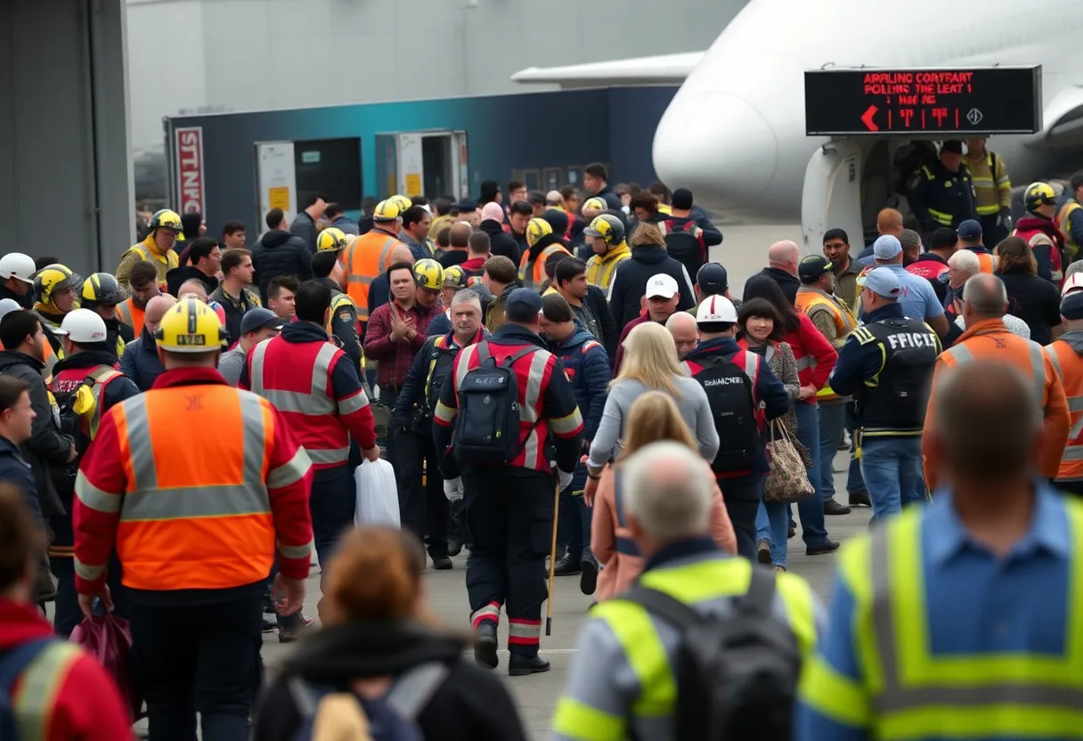 Emergency responders assist passengers after Delta Air Lines Flight 4819 crash-lands at Toronto Airport.