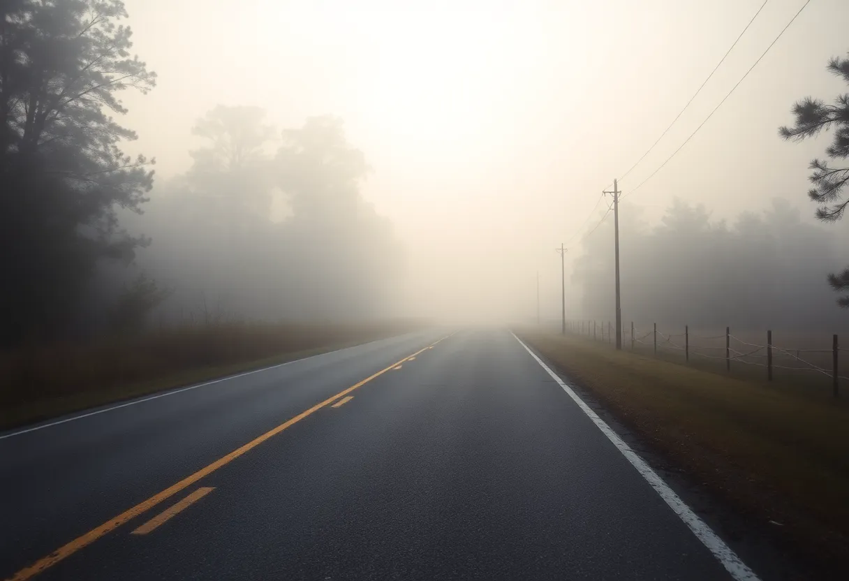 Dense fog on a road in Central South Carolina