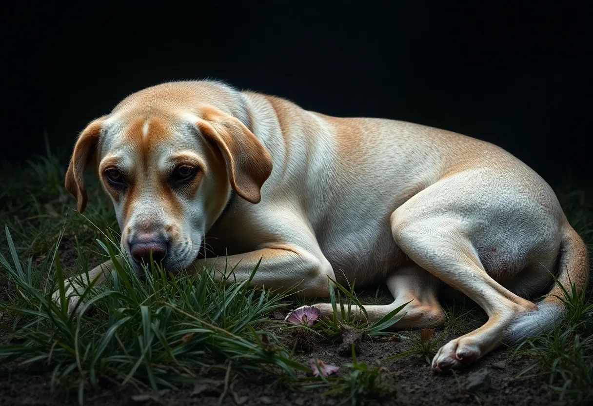 An emaciated dog lying helplessly on the ground