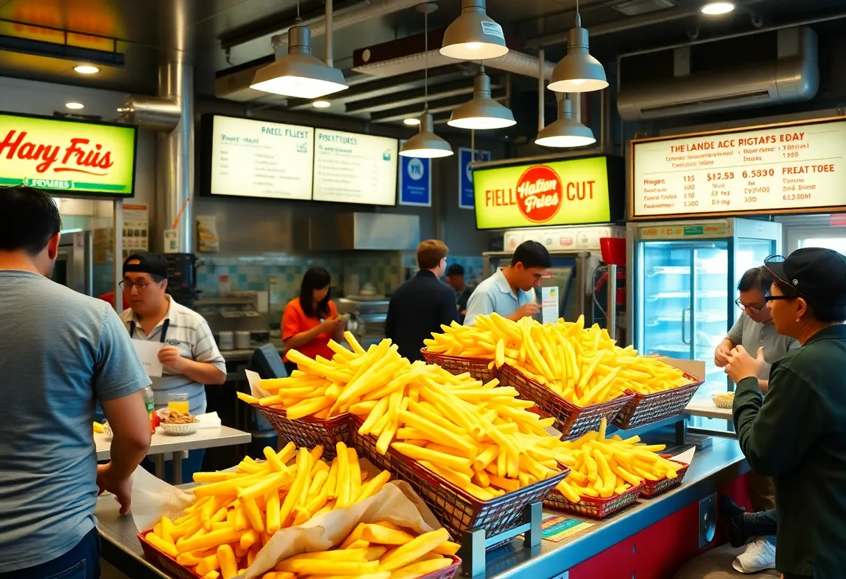 Customers enjoying hand-cut fries at Drake's Duck-In